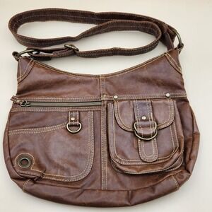 Bongo Faux Leather Brown Hobo Crescent Slouch Multi Pocket Buckles Handbag Purse
